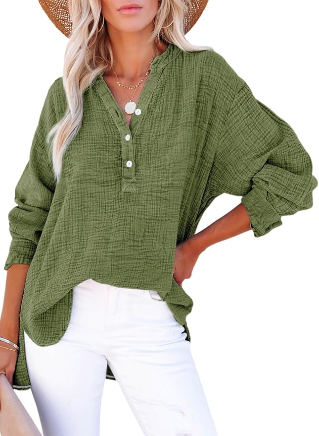 Dokotoo Button V Neck Long Sleeve Oversized Blouse
